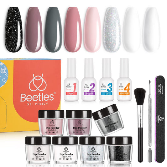 Beetles Dip Powder Nail Kit Starter - Nude Gray Pink 8 Colors Nail Dipping Powder Kit for French Nail No LED Nail Lamp Needed Manicure Kit Nail Art DIY Home Decoration Gifts for Women