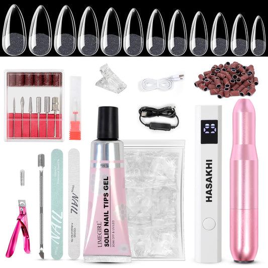 Gel X Nail Kit: All-in-1 Beginner Gel Nail Kit with Nail Drill Handheld UV Light 30g Solid Nail Glue Gel 504PCS Nail Tips Acrylic Nail Kit Home Salon DIY Nail Art Gel Kit Manicure Gift (Almond)